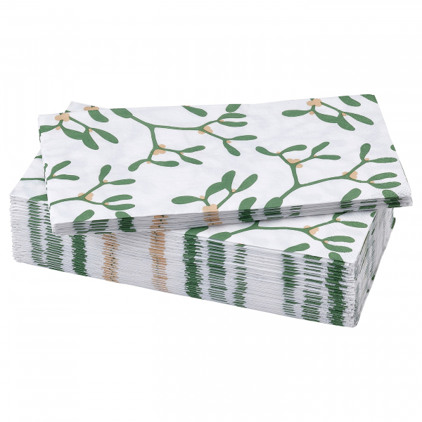 00498349 Салфетка бумажная, орнамент «омела» бел/зелен, 38x38 см, 30 шт
