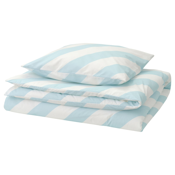 30561396 Пододеяльник и наволочка, голубой / белый / в полоску, 150x200 / 50x60 см