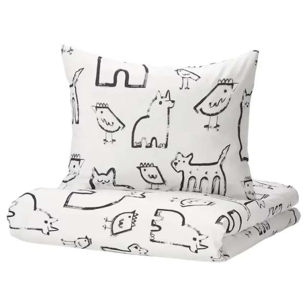 00522429 Пододеяльник и 2 наволочки, орнамент белый / Животное, 200x200/50x60 см