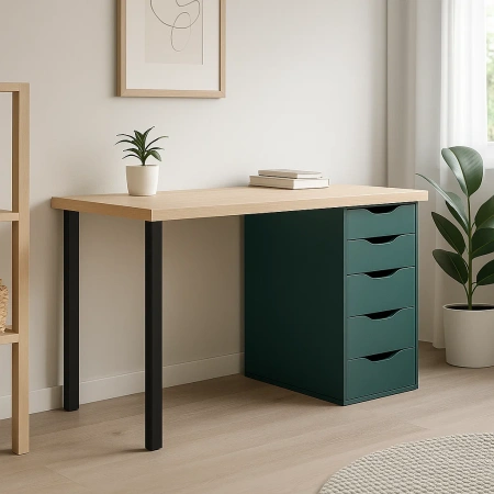 01392 Стол письменный, дуб беленый/серо-бирюзовый/черный, 2/5T, 140x75x55 см