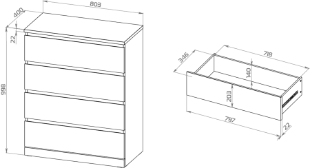 01064 Комод, 4 ящика, серый, 80x100x40 см