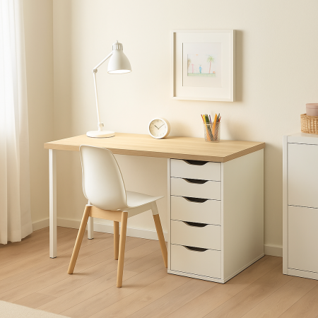 00906 Стол письменный, дуб беленый/белый, 2/5T, 140x75x55 см