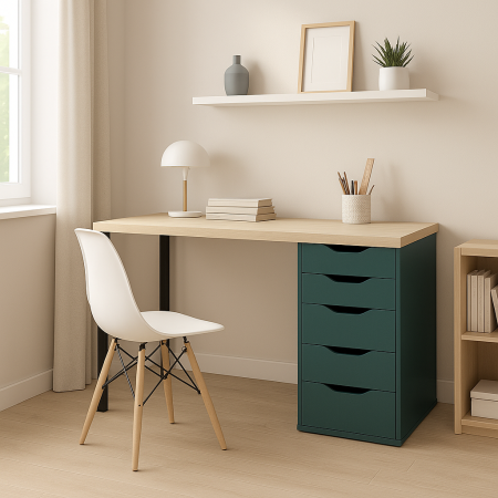 01392 Стол письменный, дуб беленый/серо-бирюзовый/черный, 2/5T, 140x75x55 см