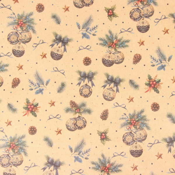 10549267 Бумага упаковочная новогодняя "Рождественские игрушки", бурый крафт, 80 г/м2 , 50 х 70 см