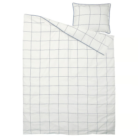 70579342 Пододеяльник и наволочка, бело-синий / клетка, 150x200 / 50x60 см