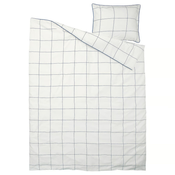 70579342 Пододеяльник и наволочка, бело-синий / клетка, 150x200 / 50x60 см