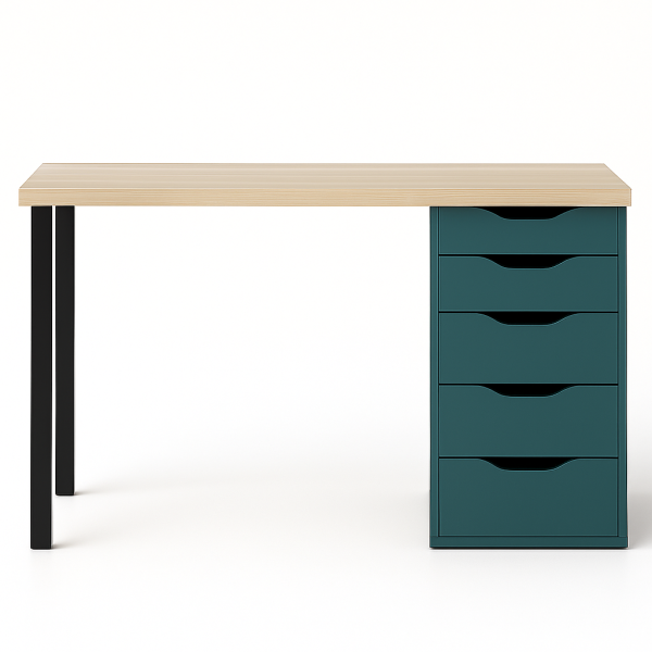 01392 Стол письменный, дуб беленый/серо-бирюзовый/черный, 2/5T, 140x75x55 см