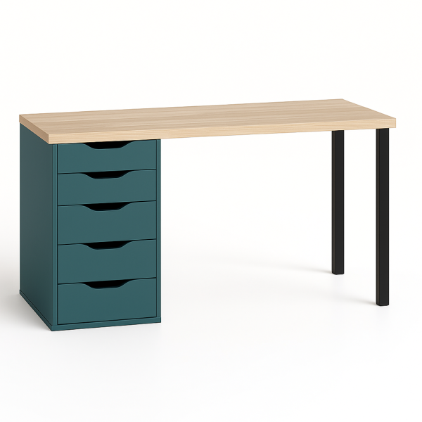 01392 Стол письменный, дуб беленый/серо-бирюзовый/черный, 2/5T, 140x75x55 см