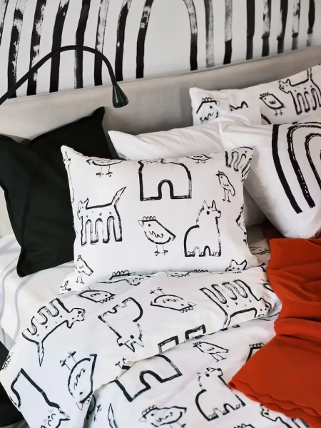 00522429 Пододеяльник и 2 наволочки, орнамент белый / Животное, 200x200/50x60 см