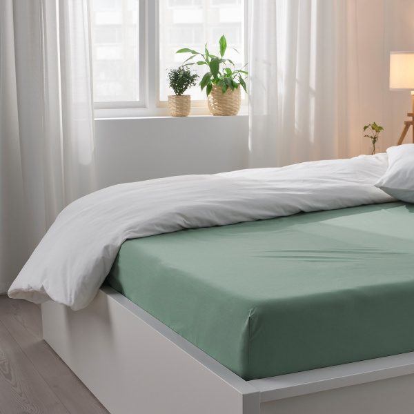 90501724 Простыня натяжная, серо-зеленый, 180x200 см