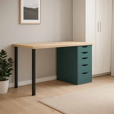 01392 Стол письменный, дуб беленый/серо-бирюзовый/черный, 2/5T, 140x75x55 см