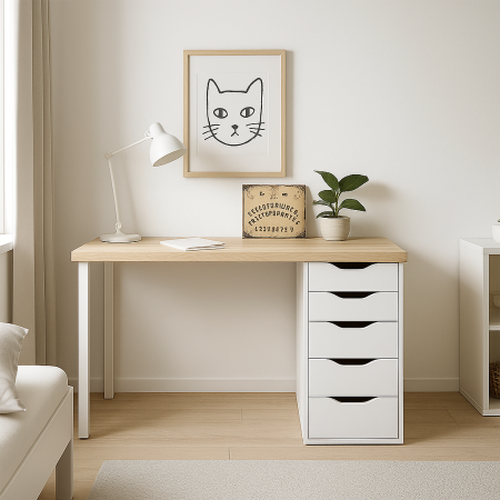 00906 Стол письменный, дуб беленый/белый, 2/5T, 140x75x55 см