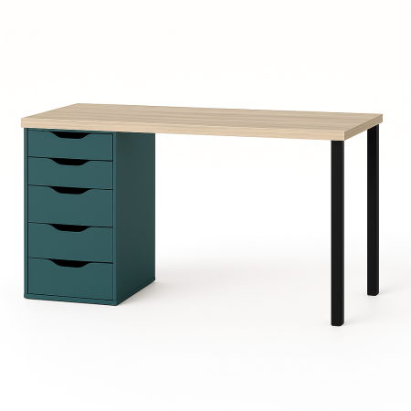 01392 Стол письменный, дуб беленый/серо-бирюзовый/черный, 2/5T, 140x75x55 см