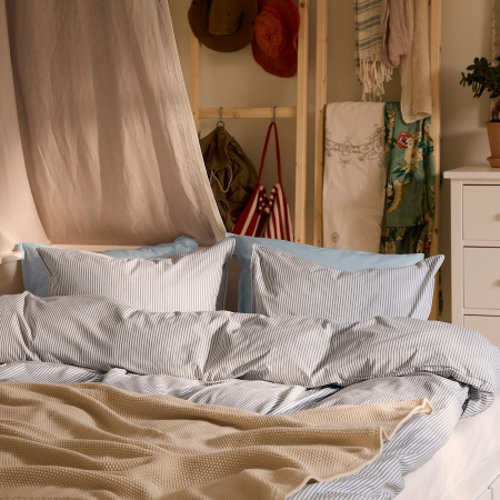 40612178 Пододеяльник и 2 наволочки, бело-голубой/полоска, 200x200 / 50x60 см