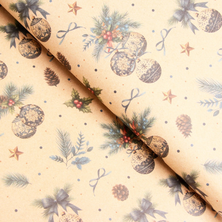 10549267 Бумага упаковочная новогодняя "Рождественские игрушки", бурый крафт, 80 г/м2 , 50 х 70 см