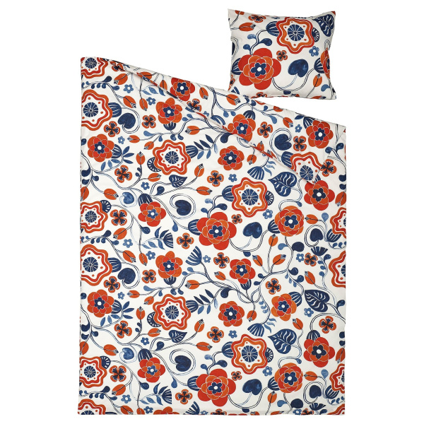 50614025 Пододеяльник и наволочка, белый, с разноцветным/цветочным узором, 150x200 / 50x60 см