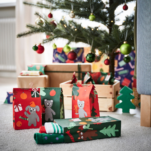 10499616 Бумажный пакет, анималистический орнамент зеленый/красный, 12x24 см, 12 шт