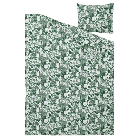 90576804 Пододеяльник и наволочка, бело-зеленый / лес, 150x200 / 50x60 см