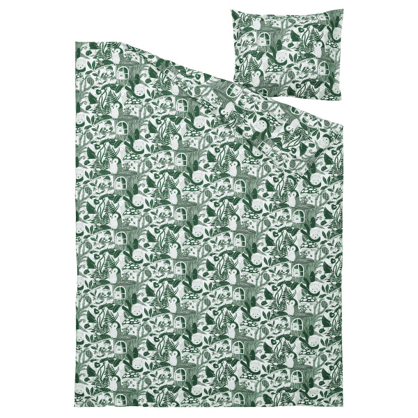 90576804 Пододеяльник и наволочка, бело-зеленый / лес, 150x200 / 50x60 см