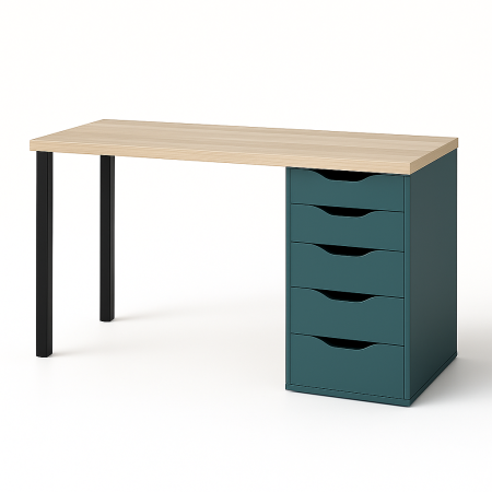01392 Стол письменный, дуб беленый/серо-бирюзовый/черный, 2/5T, 140x75x55 см
