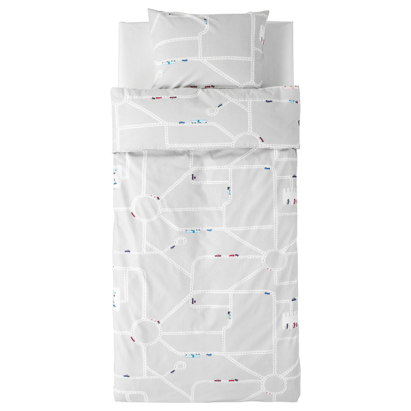 80440316 Пододеяльник и наволочка, орнамент «машины/дороги»/серый, 150x200/50x60 см