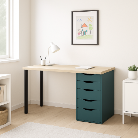 01392 Стол письменный, дуб беленый/серо-бирюзовый/черный, 2/5T, 140x75x55 см