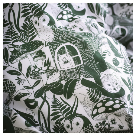 90576804 Пододеяльник и наволочка, бело-зеленый / лес, 150x200 / 50x60 см