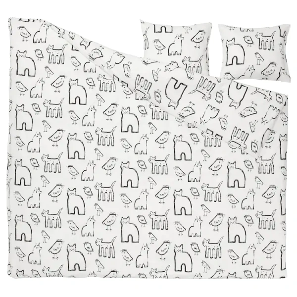 00522429 Пододеяльник и 2 наволочки, орнамент белый / Животное, 200x200/50x60 см