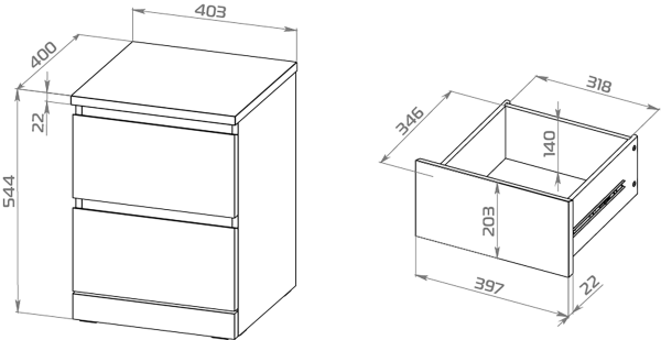 00173 Комод / тумба прикроватная, 2 ящика, белый, 40x54x40 см