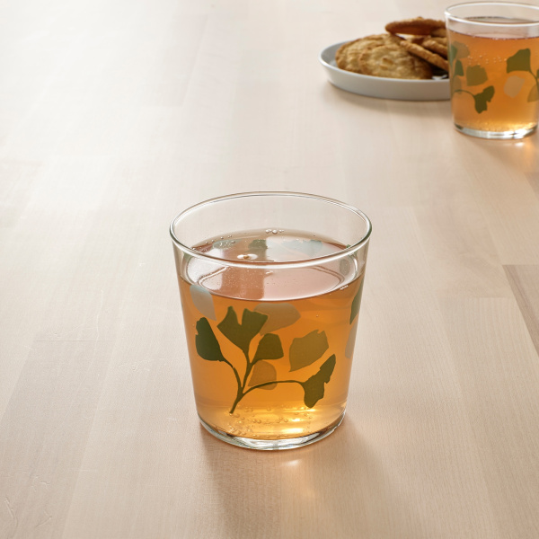 50474647 Стакан, прозрачное стекло с рисунком листьев / зеленый,30 сл, 4 шт