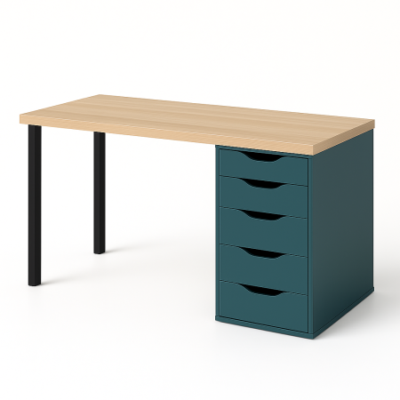 01392 Стол письменный, дуб беленый/серо-бирюзовый/черный, 2/5T, 140x75x55 см