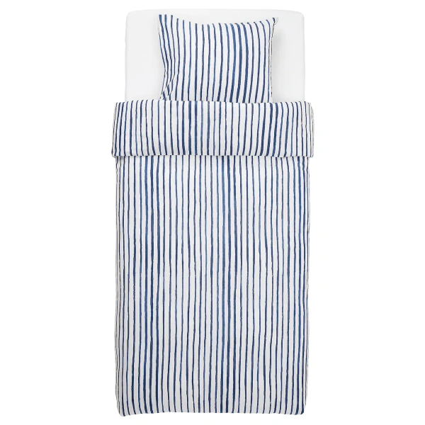 30426959 Пододеяльник и наволочка, в полоску/синий белый, 150x200/50x70 см